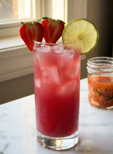 Kimchi mocktail in a tall glass with fresh strawberries and lime on white marble