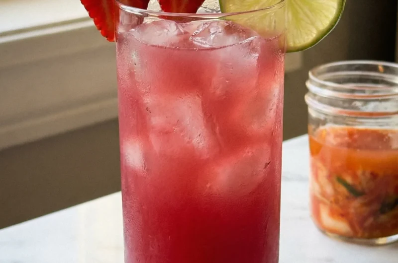 Kimchi mocktail in a tall glass with fresh strawberries and lime on white marble