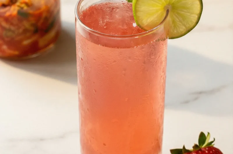 Strawberry lime kimchi mocktail recipe a 5-minute gut-healthy sparkling drink with fresh strawberries and kimchi brine