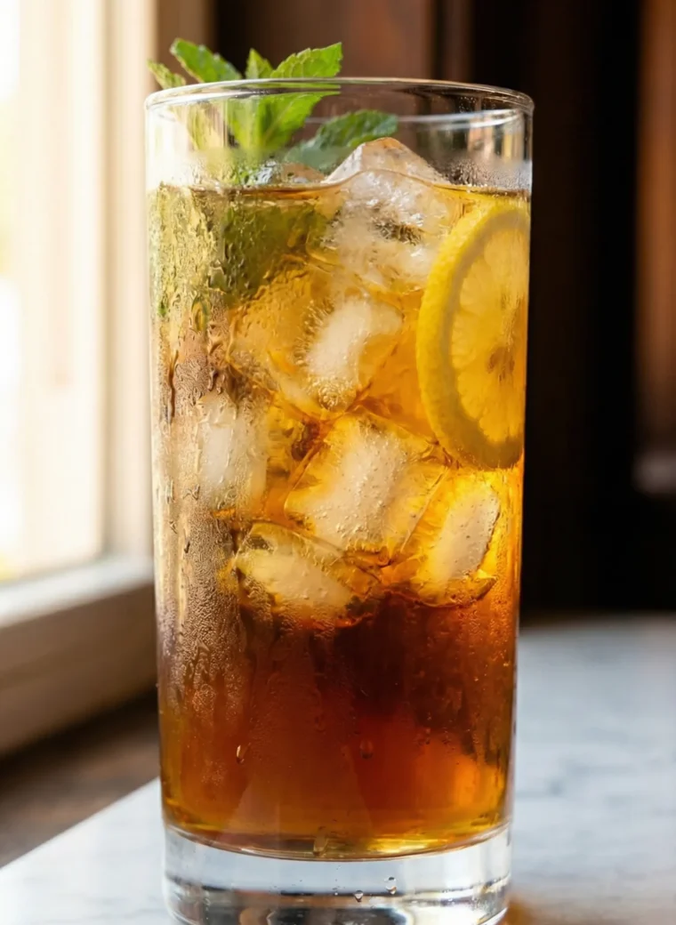 Tall glass of golden prebiotic iced tea lemonade with ice and lemon on white marble