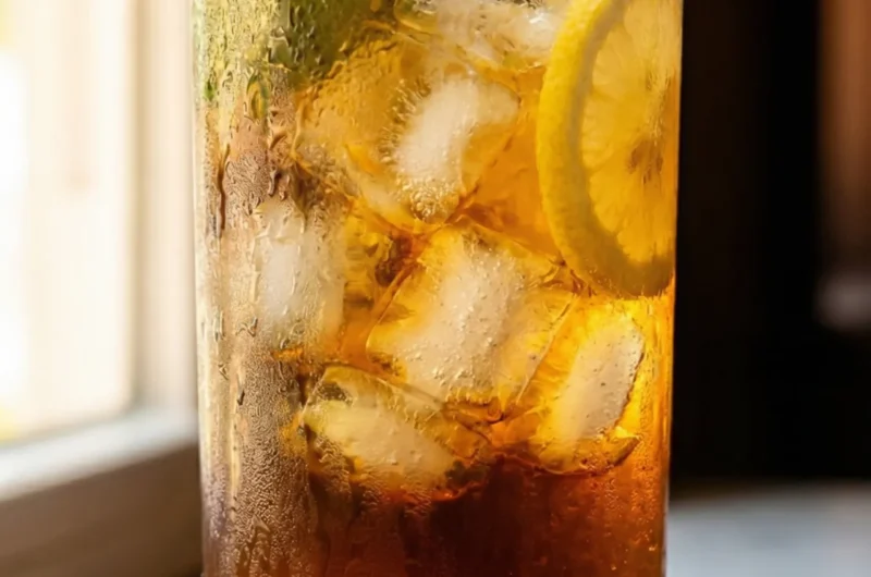 Tall glass of golden prebiotic iced tea lemonade with ice and lemon on white marble