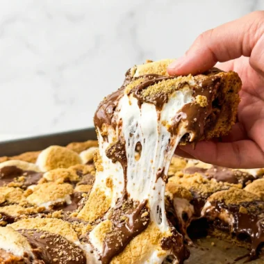 A close up of a gooey s'mores cookie bar square on a white plate.