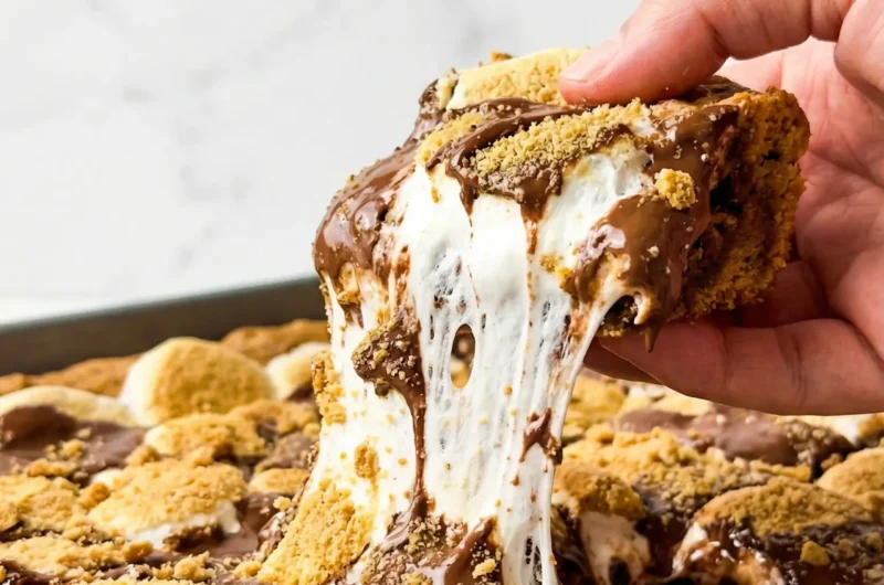 A close up of a gooey s'mores cookie bar square on a white plate.