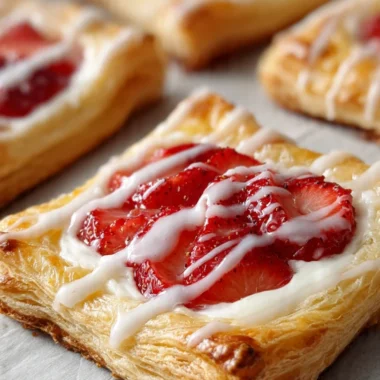 Single square strawberry danish on a baking sheet with golden flaky pastry, cream cheese, glossy strawberries, and white vanilla glaze drizzle