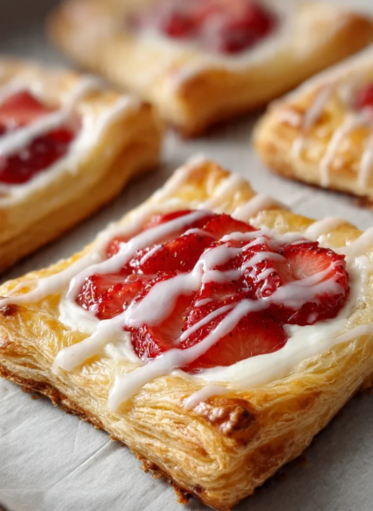 Single square strawberry danish on a baking sheet with golden flaky pastry, cream cheese, glossy strawberries, and white vanilla glaze drizzle