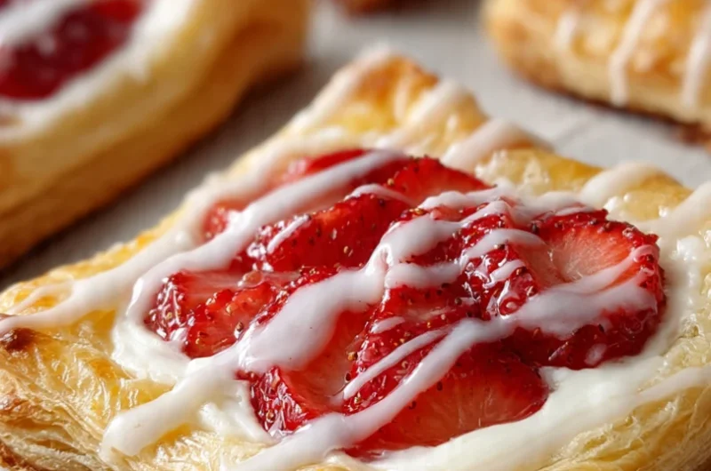 Single square strawberry danish on a baking sheet with golden flaky pastry, cream cheese, glossy strawberries, and white vanilla glaze drizzle