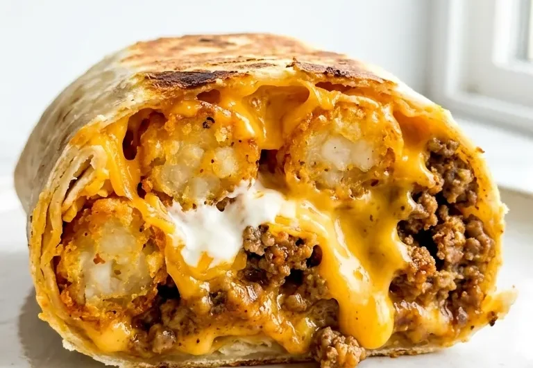 Extreme close-up vertical shot of cheesy potato burrito cross-section showing layers of tater tots, beef, and nacho cheese sauce.