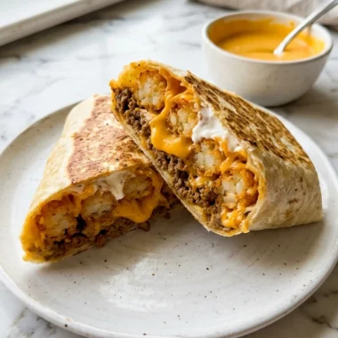 Close-up of cheesy potato burritos cut in half showing layers of crispy tater tots, seasoned beef, and melted cheese on a white plate.
