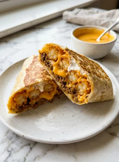 Close-up of cheesy potato burritos cut in half showing layers of crispy tater tots, seasoned beef, and melted cheese on a white plate.