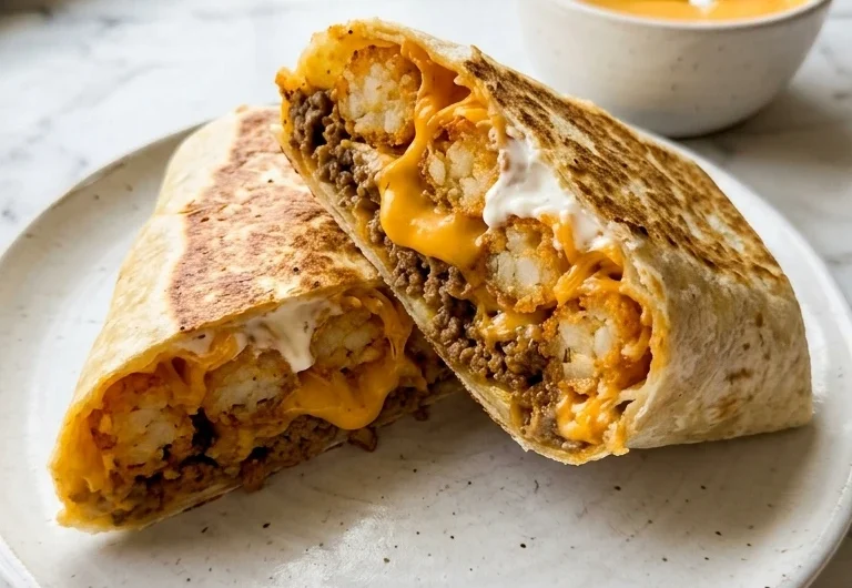 Close-up of cheesy potato burritos cut in half showing layers of crispy tater tots, seasoned beef, and melted cheese on a white plate.