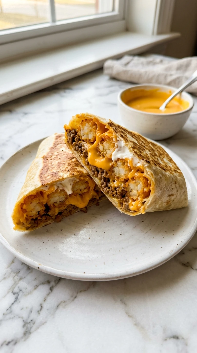 Close-up of cheesy potato burritos cut in half showing layers of crispy tater tots, seasoned beef, and melted cheese on a white plate.