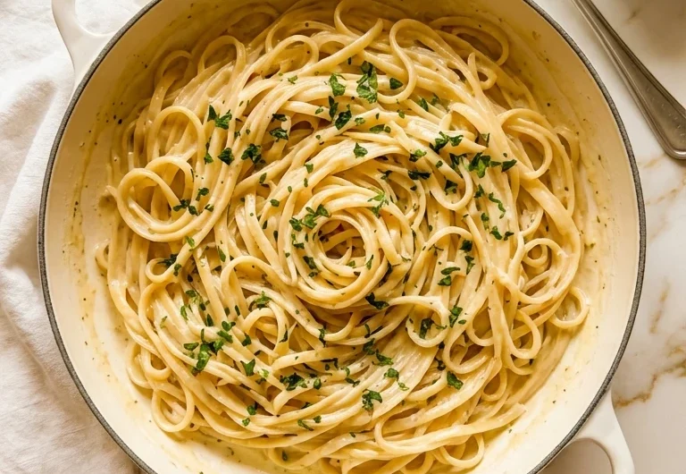 One Pot Creamy Garlic Pasta in a white ceramic bowl topped with Parmesan and parsley on white marble