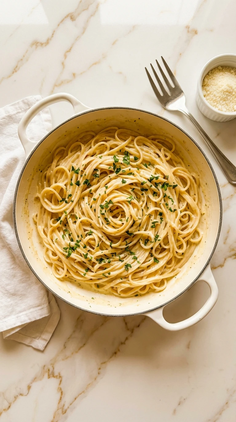 One Pot Creamy Garlic Pasta in a white ceramic bowl topped with Parmesan and parsley on white marble