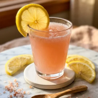 Glass of pink salt trick recipe drink with lemon half and pink salt crystals on white marble
