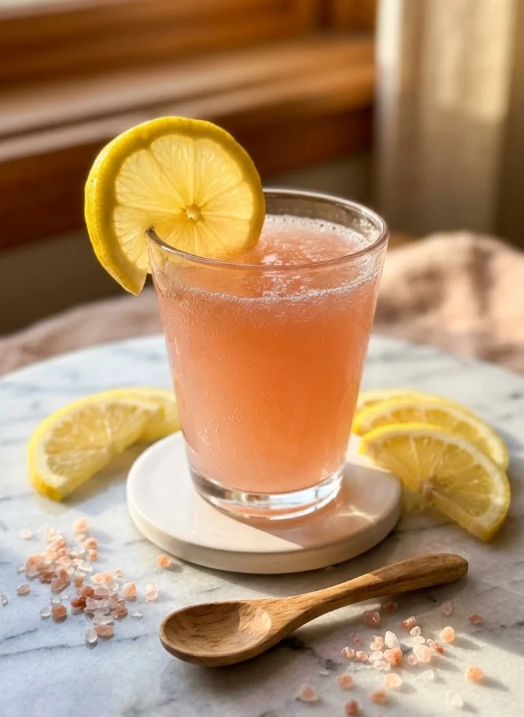 Glass of pink salt trick recipe drink with lemon half and pink salt crystals on white marble