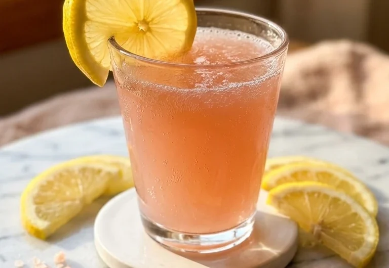 Glass of pink salt trick recipe drink with lemon half and pink salt crystals on white marble