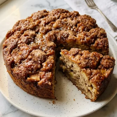 Mouthwatering apple fritter cake with cinnamon sugar topping and one slice removed
