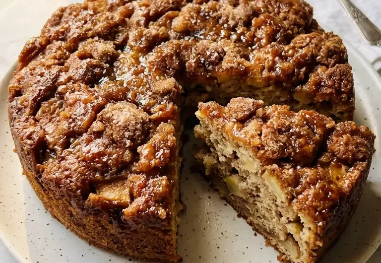 Mouthwatering apple fritter cake with cinnamon sugar topping and one slice removed