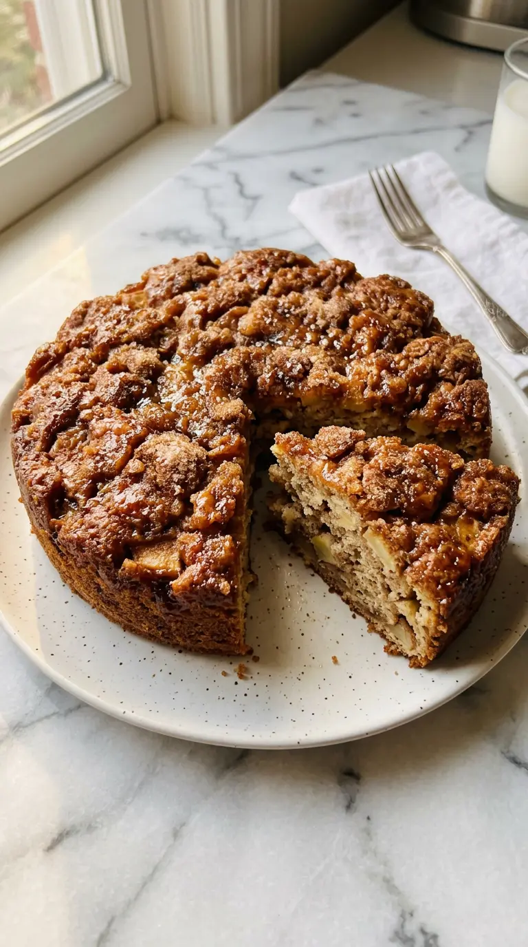 Mouthwatering apple fritter cake with cinnamon sugar topping and one slice removed