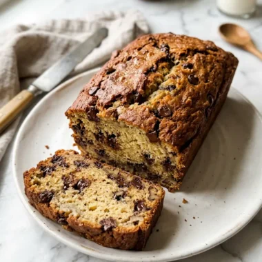 Sliced moist banana bread recipe on a white plate showing soft golden crumb