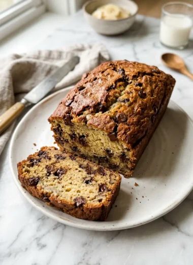 Sliced moist banana bread recipe on a white plate showing soft golden crumb
