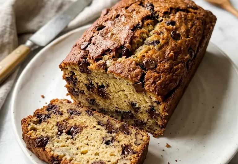 Sliced moist banana bread recipe on a white plate showing soft golden crumb