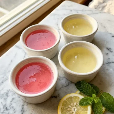 Four bariatric gelatin recipe cups in pink cranberry and yellow lemon on white marble surface