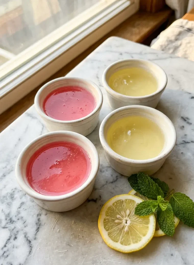 Four bariatric gelatin recipe cups in pink cranberry and yellow lemon on white marble surface