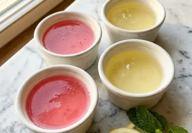 Four bariatric gelatin recipe cups in pink cranberry and yellow lemon on white marble surface