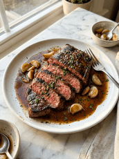 Bavette Steak & Roasted Garlic Pan Sauce