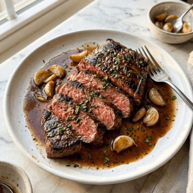 Bavette steak with roasted garlic pan sauce plated on white ceramic dish
