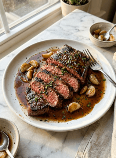 Bavette steak with roasted garlic pan sauce plated on white ceramic dish