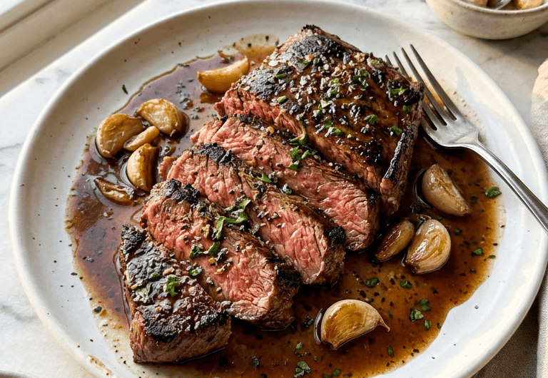 Bavette steak with roasted garlic pan sauce plated on white ceramic dish
