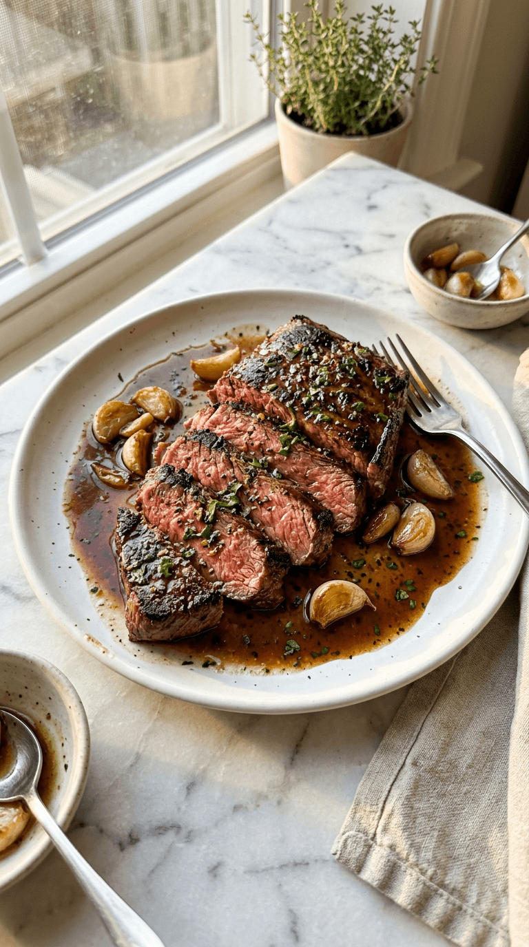 Bavette steak with roasted garlic pan sauce plated on white ceramic dish