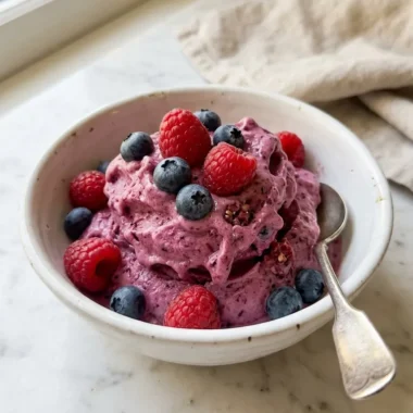 Bowl of thick creamy blender protein sorbet topped with fresh berries on a white marble surface