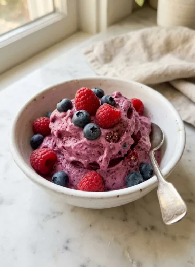 Bowl of thick creamy blender protein sorbet topped with fresh berries on a white marble surface