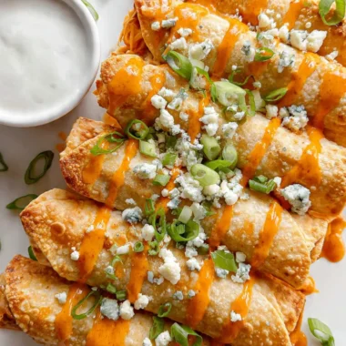 Close-up of golden crispy buffalo chicken taquitos on a white plate with buffalo sauce drizzle and ranch dipping sauce.