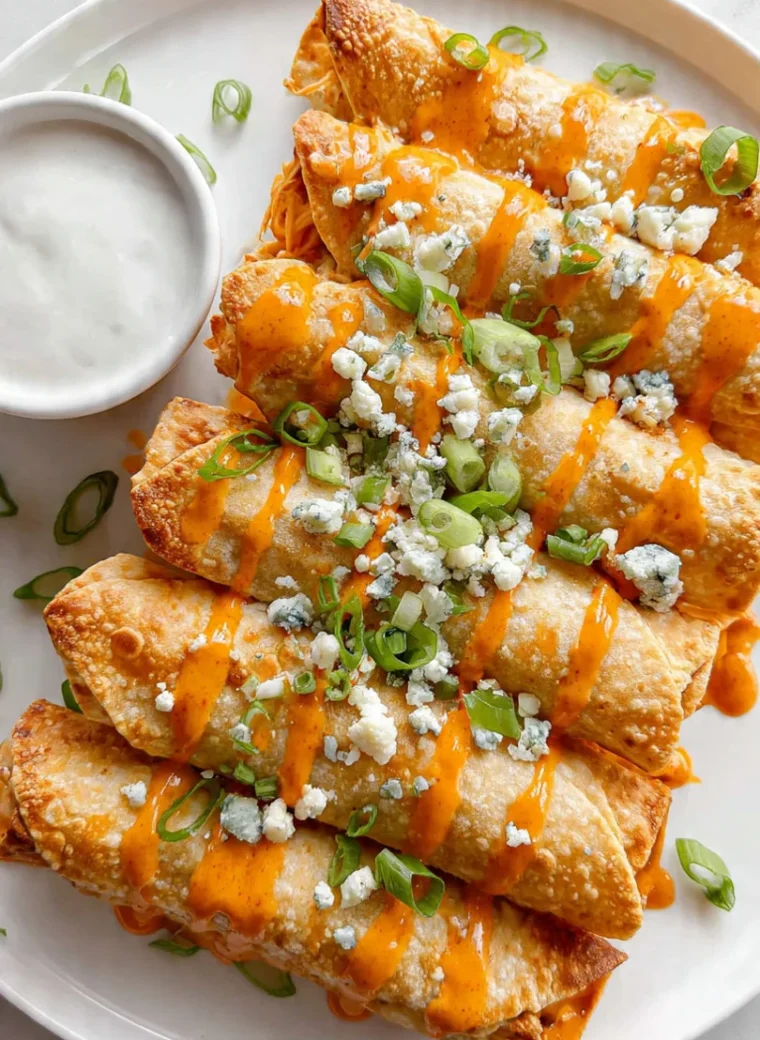 Close-up of golden crispy buffalo chicken taquitos on a white plate with buffalo sauce drizzle and ranch dipping sauce.