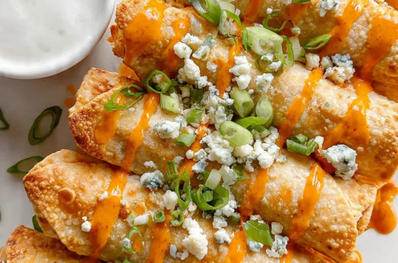 Close-up of golden crispy buffalo chicken taquitos on a white plate with buffalo sauce drizzle and ranch dipping sauce.