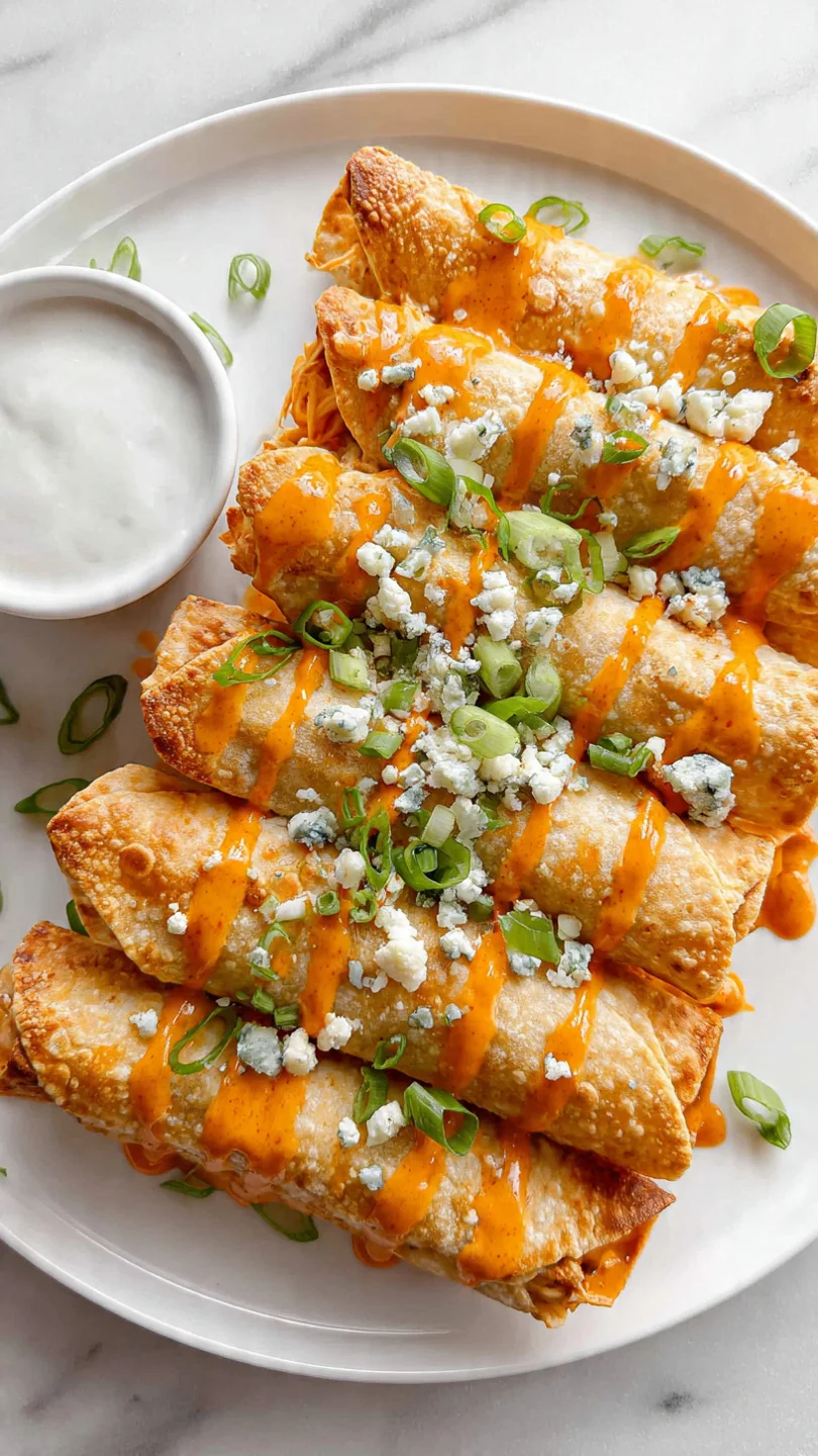 Close-up of golden crispy buffalo chicken taquitos on a white plate with buffalo sauce drizzle and ranch dipping sauce.
