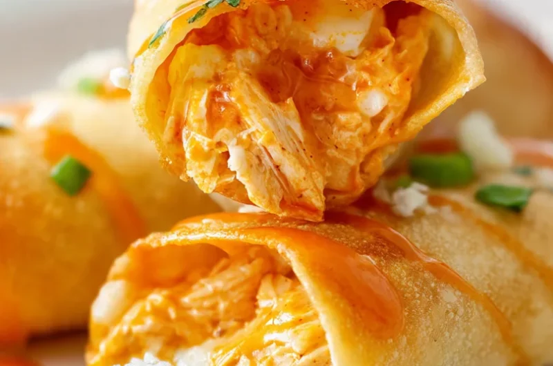 Extreme close-up vertical shot of buffalo chicken taquitos showing creamy filling inside a golden crispy shell with buffalo sauce drizzle.