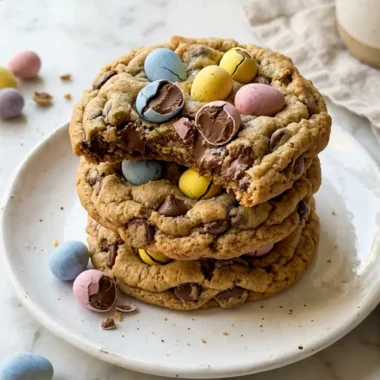 Stack of soft and chewy Cadbury Mini Egg Cookies on white ceramic plate with pastel mini eggs scattered around