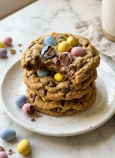 Stack of soft and chewy Cadbury Mini Egg Cookies on white ceramic plate with pastel mini eggs scattered around