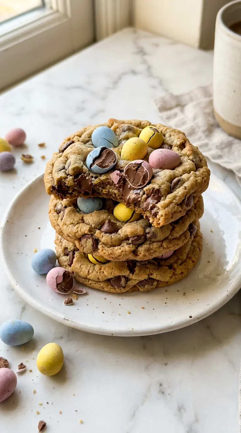 Stack of soft and chewy Cadbury Mini Egg Cookies on white ceramic plate with pastel mini eggs scattered around