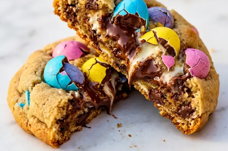 Pinterest pin image for Cadbury Mini Egg Cookies showing a broken cookie with soft center and colorful mini egg pieces
