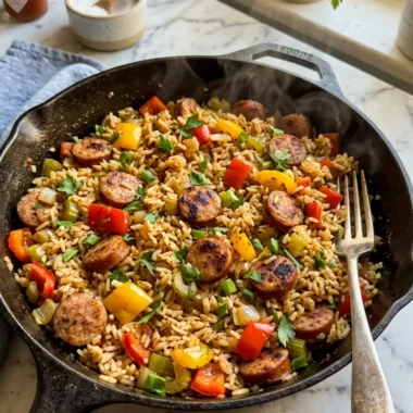 Close-up of finished Cajun sausage and rice skillet with sausage and peppers mixed throughout
