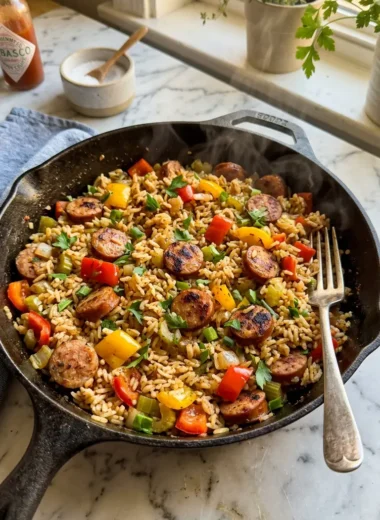 Close-up of finished Cajun sausage and rice skillet with sausage and peppers mixed throughout