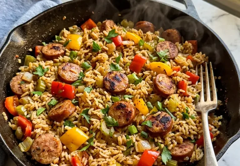 Close-up of finished Cajun sausage and rice skillet with sausage and peppers mixed throughout