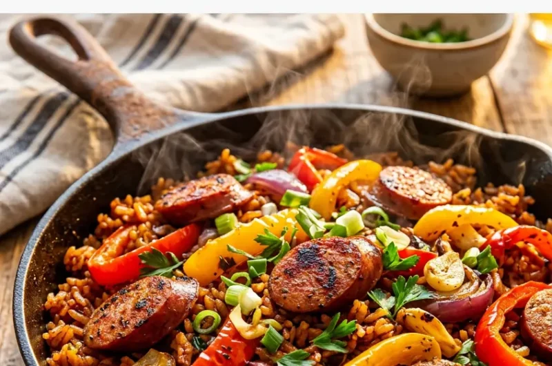 Pinterest pin for Cajun Sausage and Rice Skillet recipe