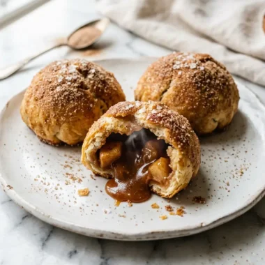Warm caramel apple pie bombs with gooey filling on white plate